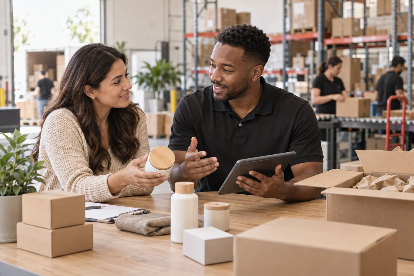 Fulfillment specialist discussing products and shipping needs with a client